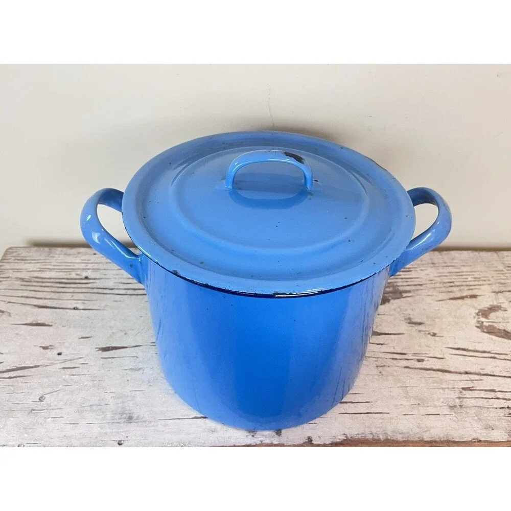 Vintage Robins Egg Blue Thala Ware Enamelware Heavy Stockpot W/Lid Country